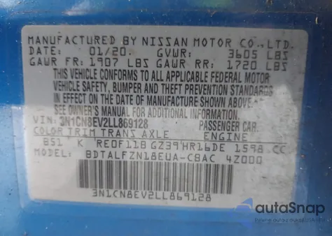 2020 Nissan Versa Sv Xtronic Cvt из США, поврежденный, VIN 3N1CN8EV2LL869128